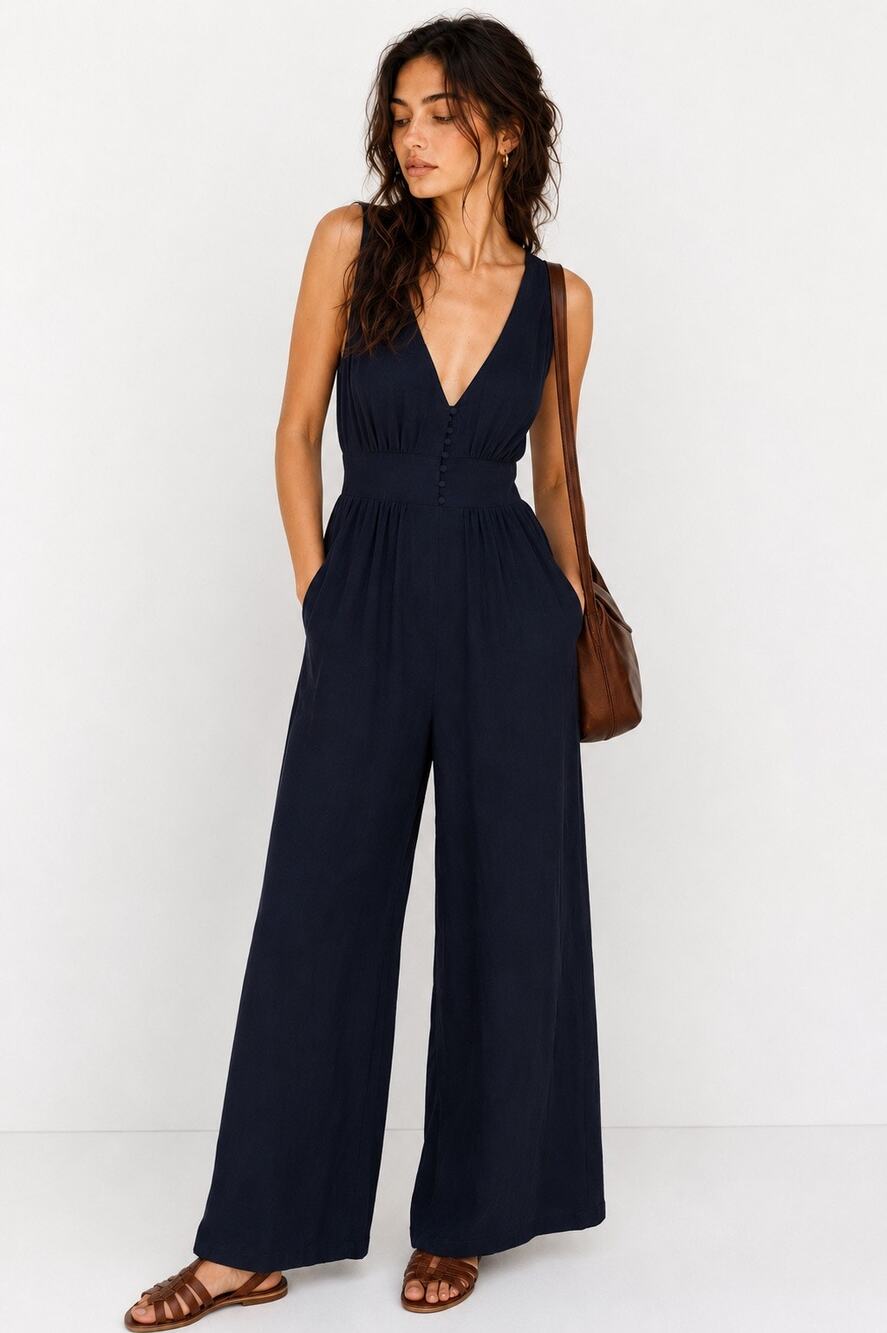 Madewell Navy V-Back Wide Leg Jumpsuit Size 0 Pockets Lightweight Coquette Girl